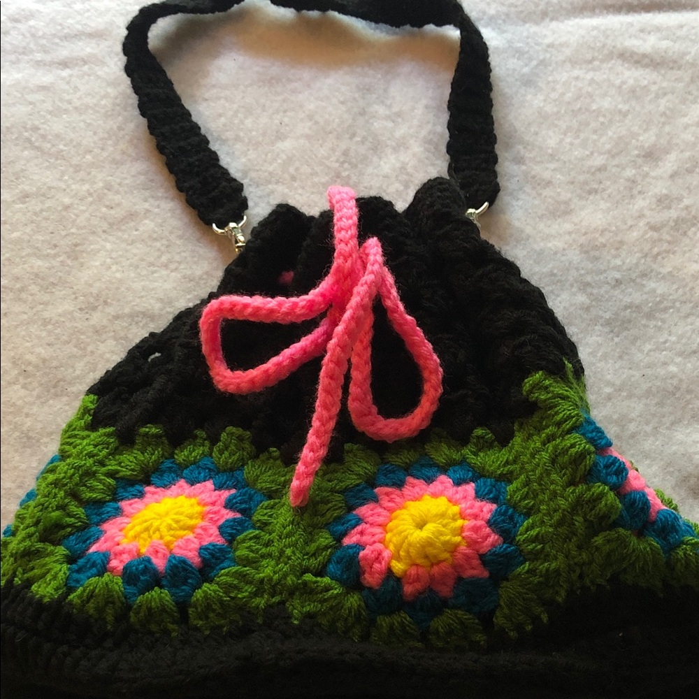 Handmade Black Crochet Drawstring Bag with Pink Accent